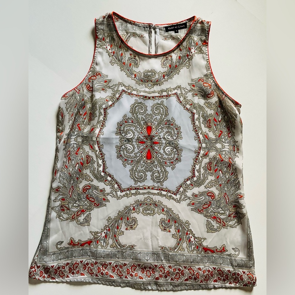 Silky Halter Tank, Violet & Claire, Large. Grays and tan with pops of tomato.